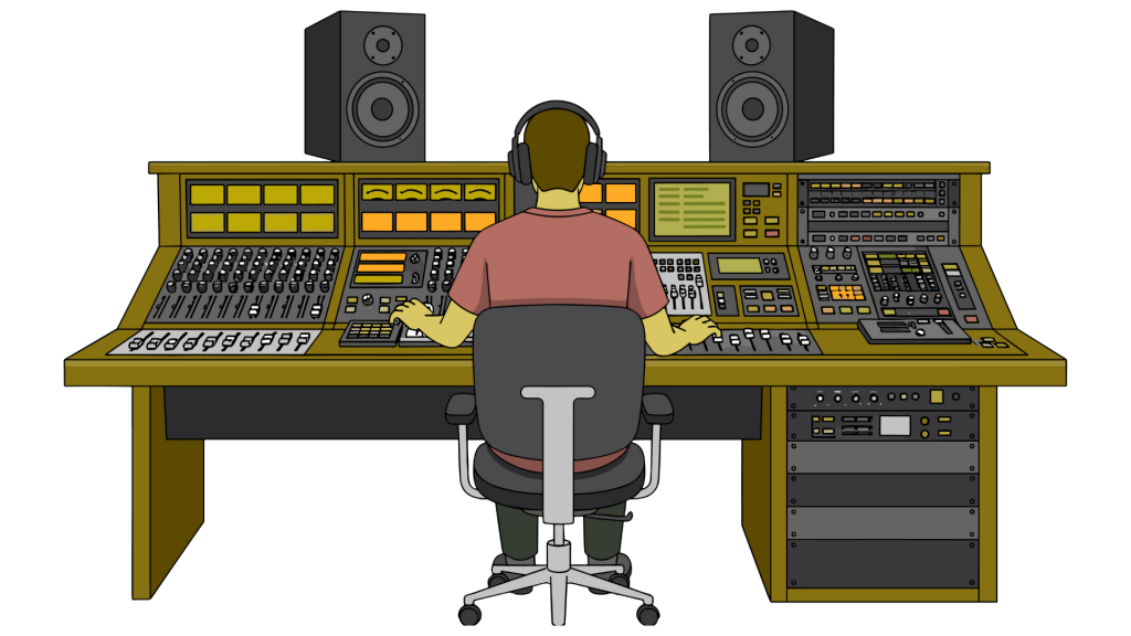 A cartoon graphic of an audio engineer working at a mixing desk.