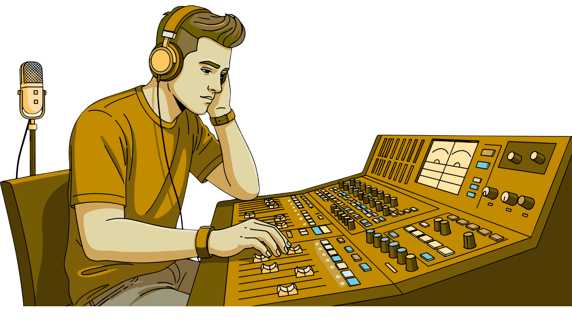 A cartoon graphic of a music producer working on mixing a song.